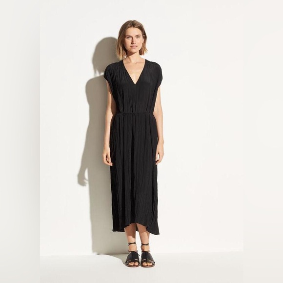 Vince Crinkle Pleat V-Neck Dress in Black XXS NWT